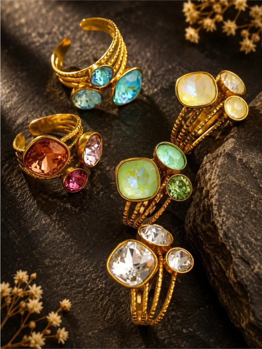 18 K Gold plated Stackable Ring Set with Peach, Lavender and Rose Stones